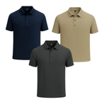 Kit de camisas polo Alpha Gelato nas cores cinza, verde e branco, tamanho GG.