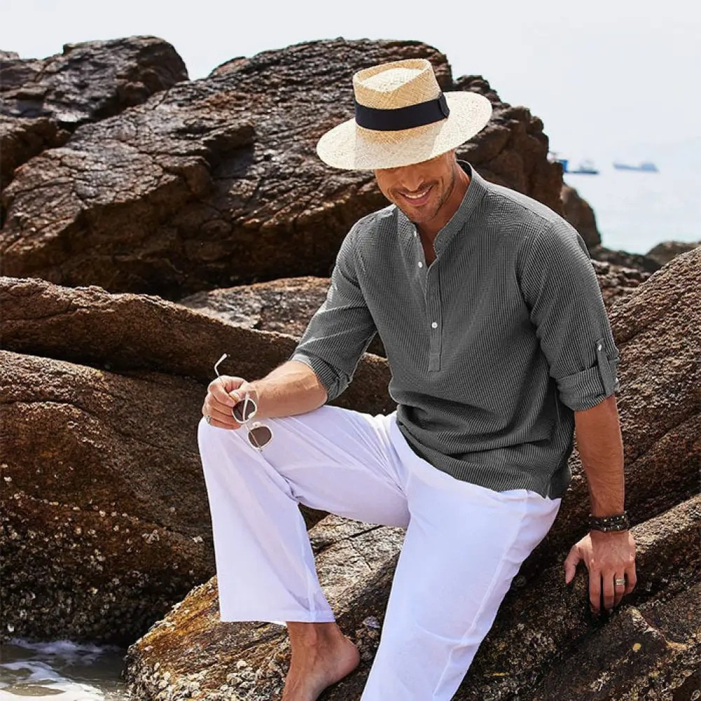 Camisa De Linho Alpha Beach Club Caqui - AlphaCode
