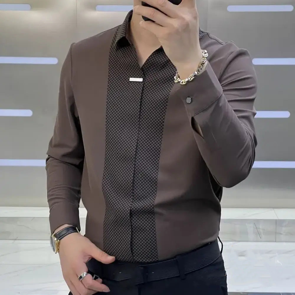 Camisa Social Alpha Tech Spliced Marrom - AlphaCode