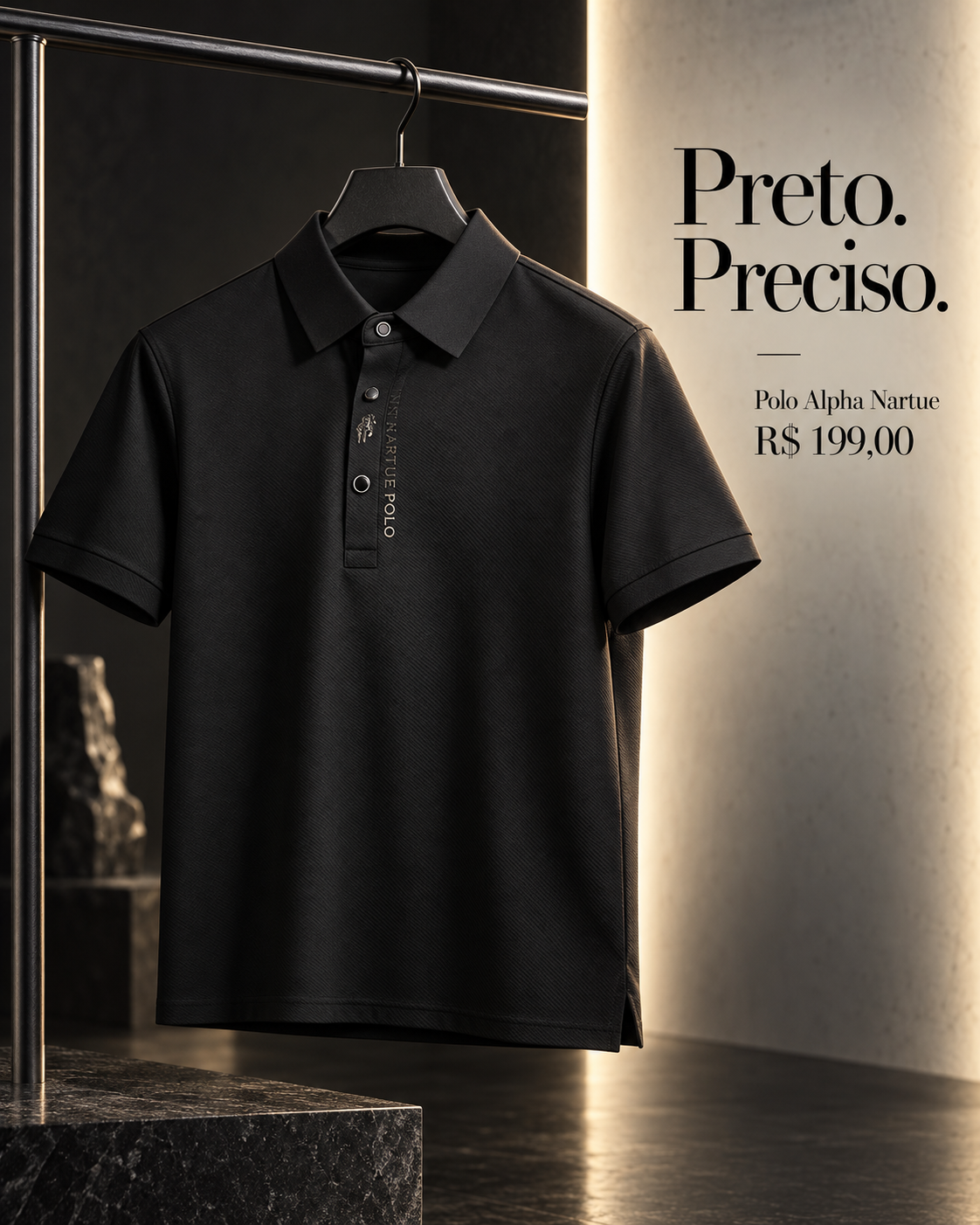 Polo Alpha Nartue — Preto. Preciso.