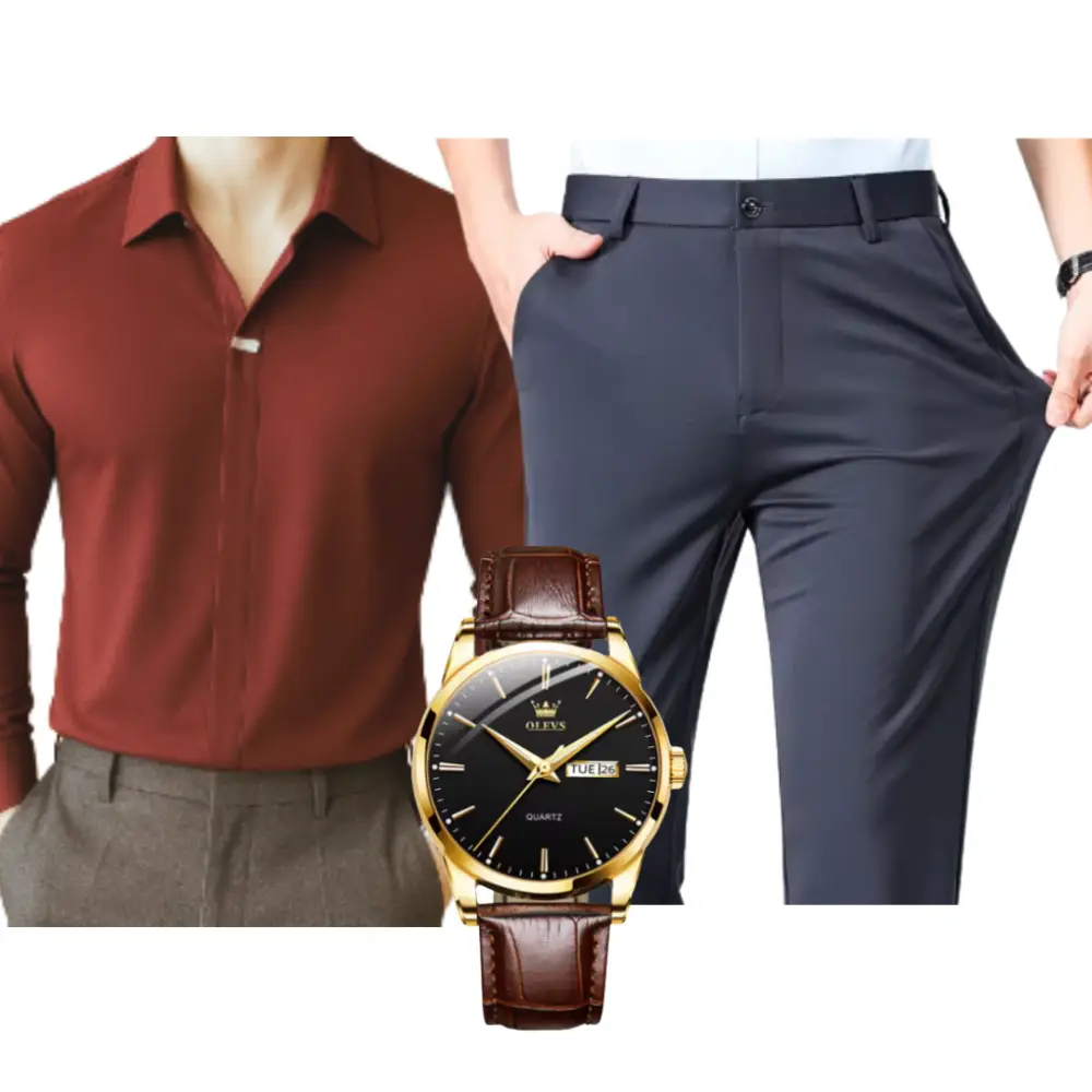 Kit Masculino Social Alpha Manchester Com Camisa Calca Relogio Promocao - AlphaCode