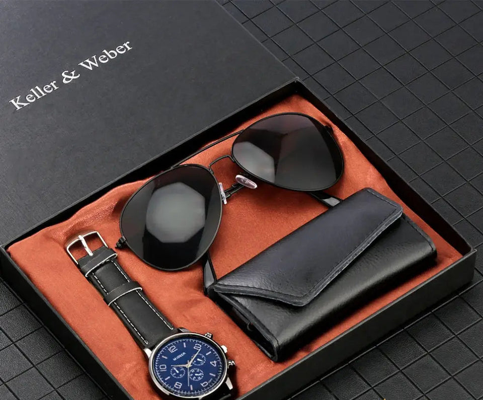 Kit Relogio Mais Carteira E Oculos Masculino Practical Alpha Azul - AlphaCode
