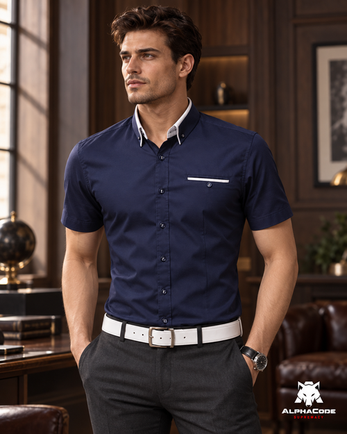 AlphaCode Riverside — camisa azul-marinho em uso